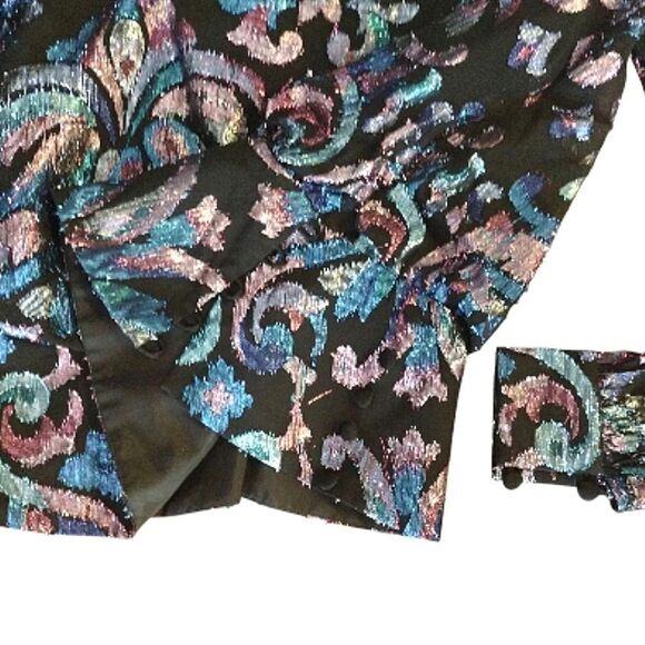 VTG 70s Black Blue Lurex Metallic Long Sleeve Panelled Hem Disco Blouse Medium - Picture 11 of 16